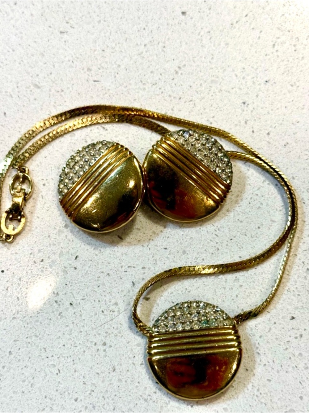 Vintage Givenchy Gold-Tone Crystal Half-Dome Necklace & Clip-On Earrings Set